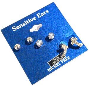 Set of 3 Silver-Tone Stud Earrings - Cubic Zirconia & Cross Design Women Jewelry